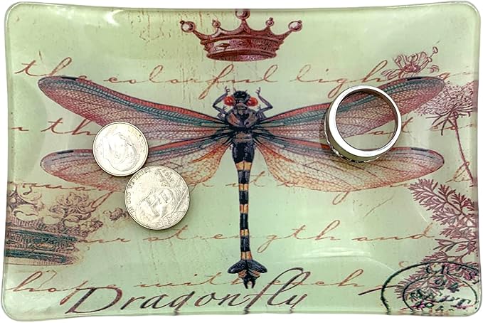 Value Arts Trinket Dish, Dragonfly with Crown and Postmark, Rectangular Glass Ca