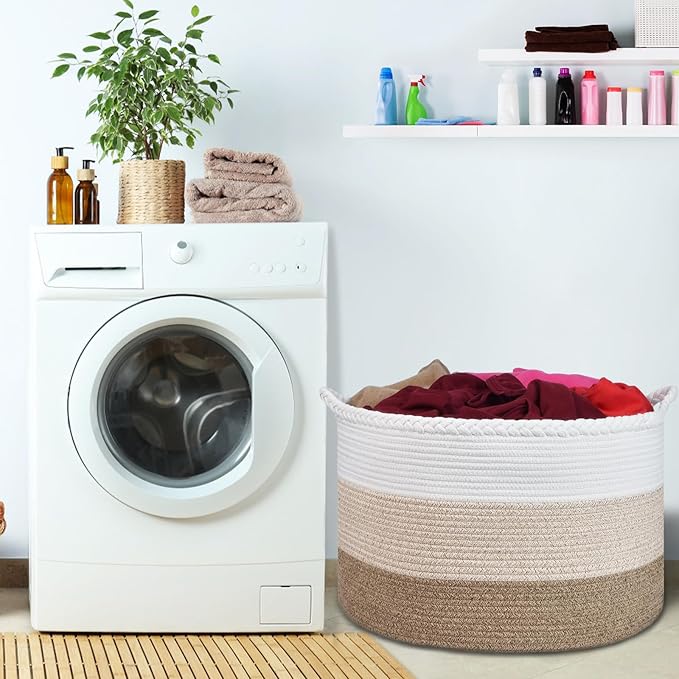 COMSE Extra Large Blanket Basket, Woven Laundry Basket, 21.7âx 13.8â, Nursery Hamper, Cotton Rope Laundry Hamper Living Room for Storage Toys Clothes Towels(White & Gradient Brown)