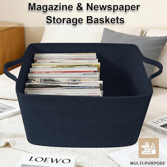 Magazine & Newspaper Baskets,65L Large Woven Rope Blanket Basket,21"x16"x12"Storage Bin with Handle,Toys Storage,Laundry Basket for Home Organization/Living Room/Nursery/Bedroom,Navy