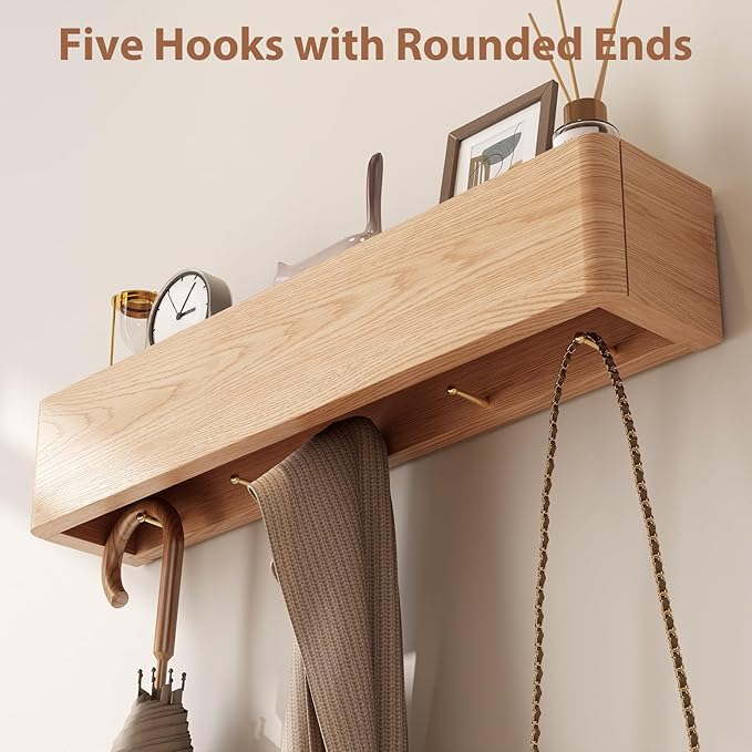 Solid Wood Wall Mounted Coat Rack with Shelf Hooks - Modern Floating Shelves with 5 Hidden Hooks, Heavy Duty Entryway Coat Key Holder Hanger for Hallway Bathroom Bedroom Home Decor