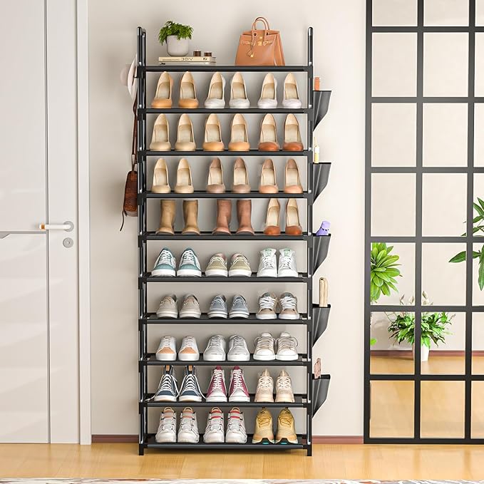 Tall Shoe Rack - 10 Tier Shoe Organizer with Metal Shelf, 5 Hooks, Pocket & Sturdy Stand for Closet Shoes