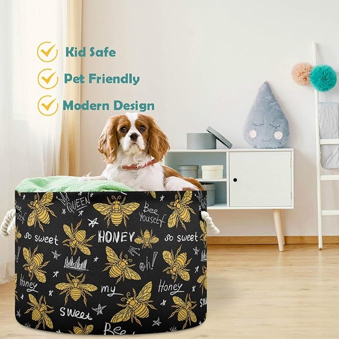 visesunny Storage Basket Golden Honey Bee Animal Nursery Hamper Canvas Fabric Toy Storage Organizer Bin Storage Box Laundry Basket for Kid Rooms,Playroom,Shelves,Toy Basket