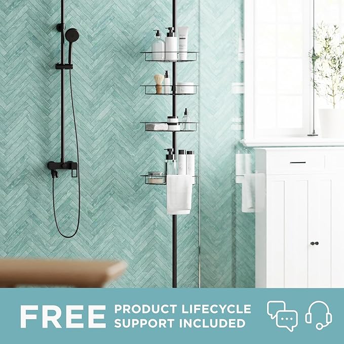 Zenna Home Tension Pole Shower Caddy Corner Organizer, Adjustable Standing Shower Caddy with 4 Baskets and Towel Bar, Rust Resistant Bathroom Tension Rod Organizer, 60 to 97 Inch, Bronze