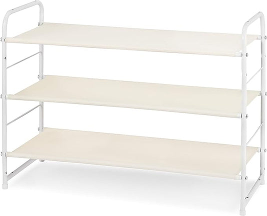 Simple Trending 3-Tier Stackable Shoe Rack, Expandable & Adjustable Fabric Shoe Shelf Storage Organizer, White