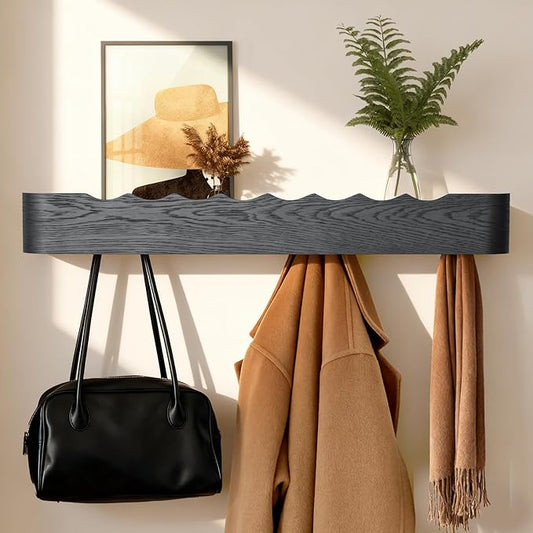 Wall Coat Rack Floating Shelves Modern Coat Rack Wall Mount with Storage Entryway Shelf Wooden Hanger 20 Inch 4 Hidden Metal Hooks for Living Room Bedroom (Wavy Black, 8 Hooks)