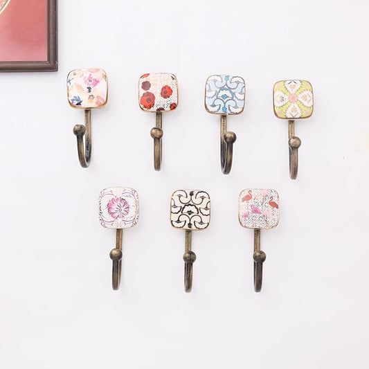 Indian Shelf Pack of 12 Ceramic Wall Hooks Modern - Multicolor Square Wall Mounted Coat Hooks - Ceramic Hooks for Hats - Square Key Hanging