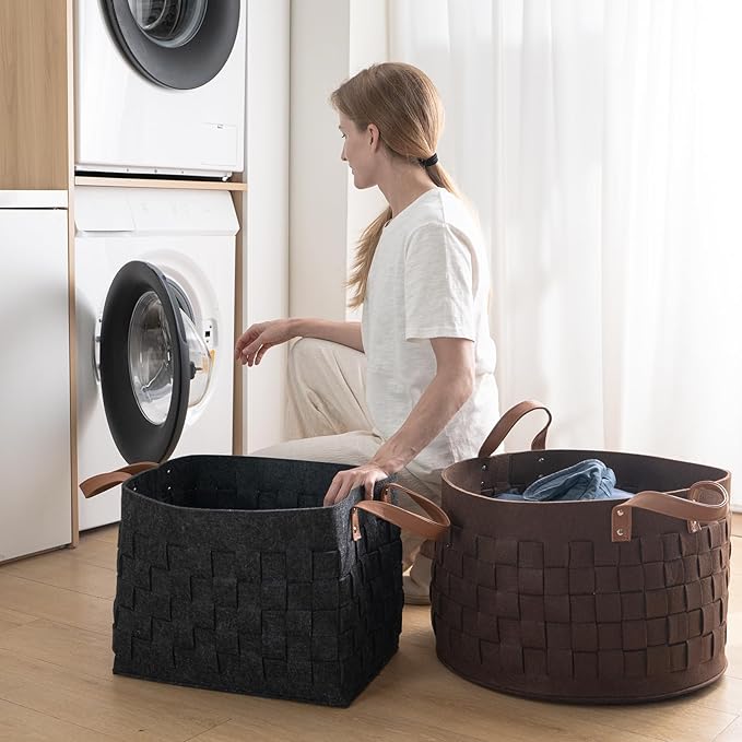 BOLDMONKEY Laundry Basket 20" x20 " x11.8 ", Large Round Blanket Basket with Leather Handle, Felt Storage Basket for Living Room, Nursery, Dog Toys-Dark Gray