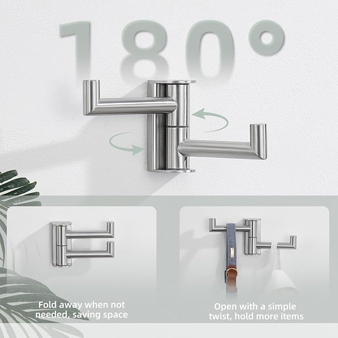 Brushed Nickel 2 Pack Swivel Coat Hooks, 304 Stainless Steel Foldable Towel Hooks with 2 Rotating Arms, Wall Mounted