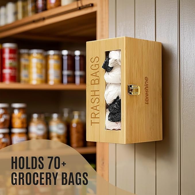 Extra Large Bamboo Trash Bag Dispenser Holder for Tall Kitchen Bags, Fits Costco Jumbo Rolls, 13–33 Gallon Garbage Bag Organizer for Pantry, Under Sink/Wall/Cabinet/Freestanding Mount