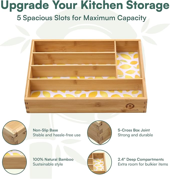 Drawer Organizer - Silverware Organizer with 5 Slots, Lemon Print