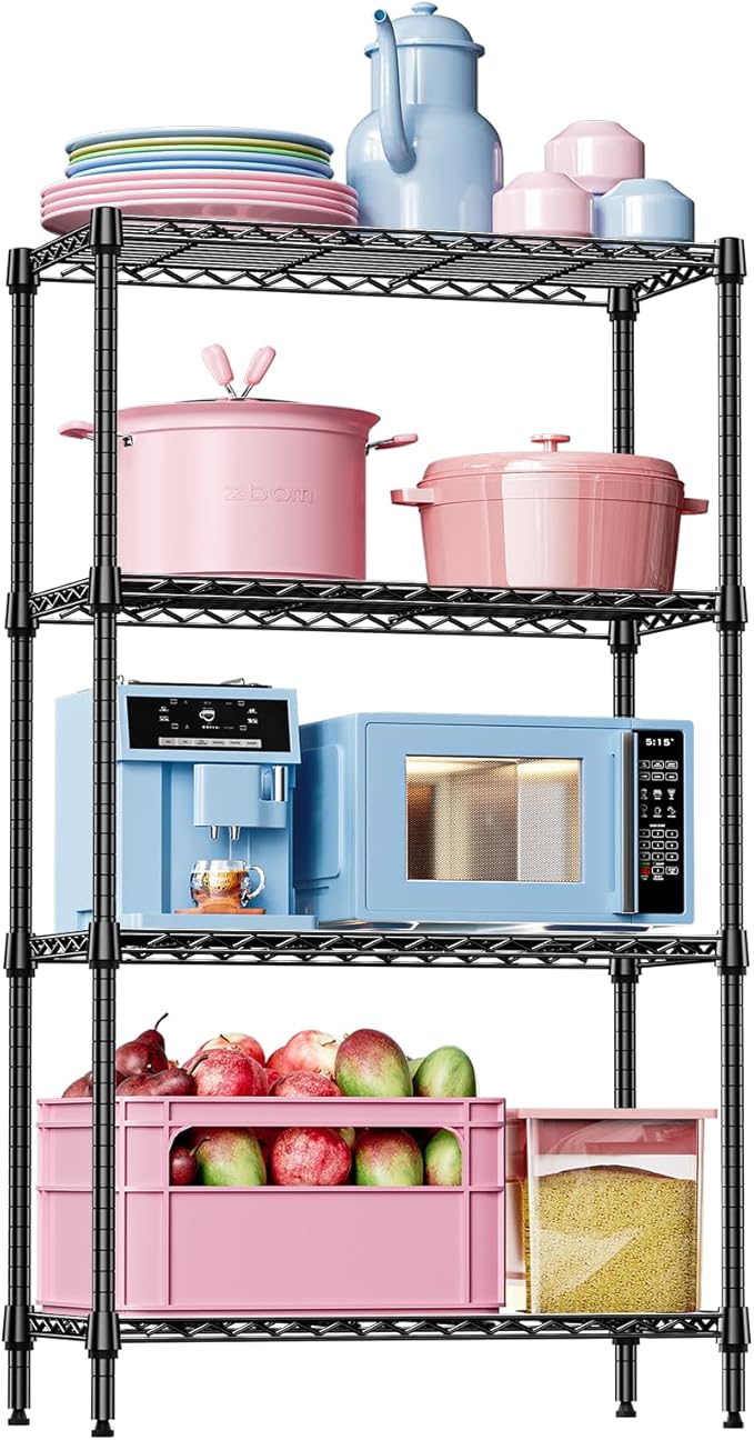 IZEUK 4-Tier Black Metal Storage Shelves, Heavy Duty Adjustable Wire Shelving Rack for Garage, Kitchen, Bathroom, Closet Organizer, 1000 lbs Capacity, 15.7" D x 33.5" W x 59.5" H