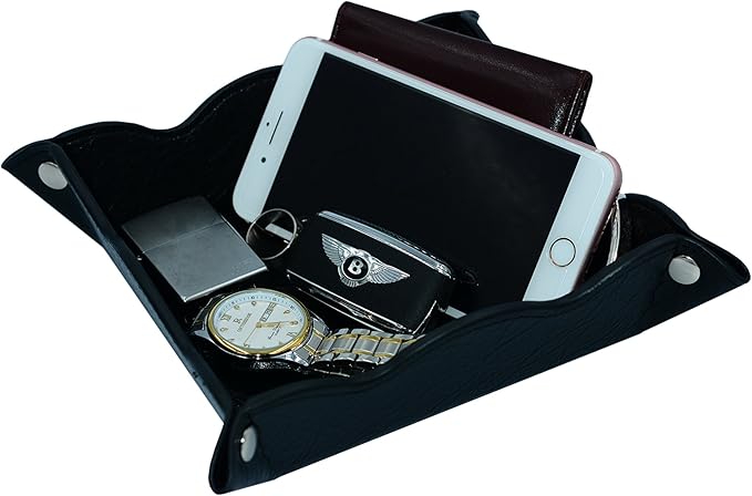 Leather Storage Tray,Phone Watch Jewelry Coin Organizer,Dresser Valet Tray for Men(Black)