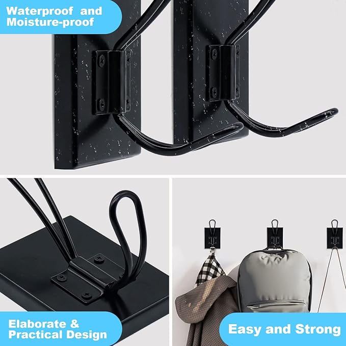 Coat Hooks Wall Mounted, 2 Pack Wood Wall Hooks for Hanging, Towel Hook for Bathroom, Bedroom, Entryway, Kitchen (Black)