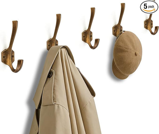 AVICCI 5 Pack Coat Hooks Antique Brass Towel Hooks Robe Hooks for Bathroom Living Room Bedroom Hanger for Robe Dressing Room