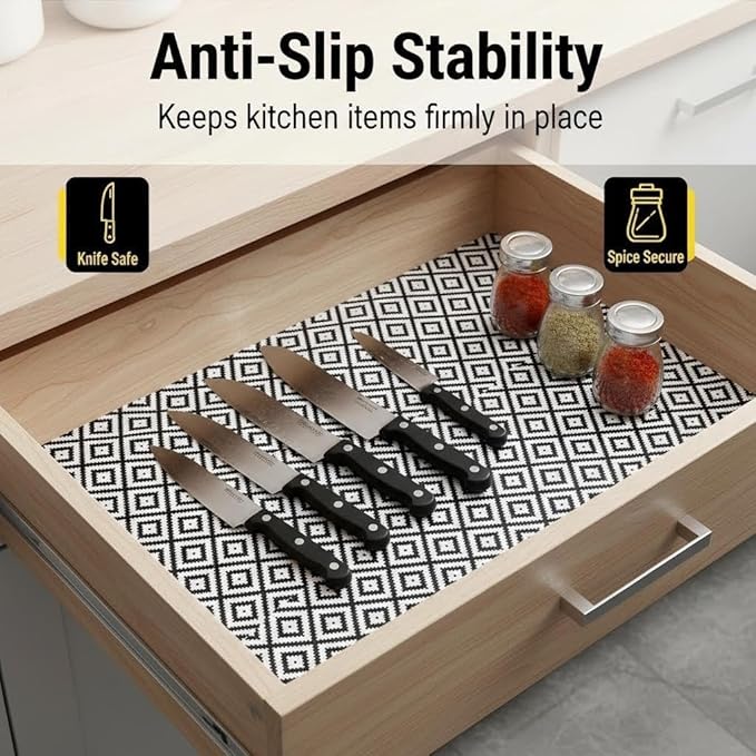Coavas Extra Grip Thickened Shelf and Drawer Liner - Non-Adhesive Non-Slip Waterproof Mats for Kitchen Cabinets, Drawers, Shelves, Dresser & Cupboard, Easy Cut DIY (Black Rhombic, 12IN x 10FT)