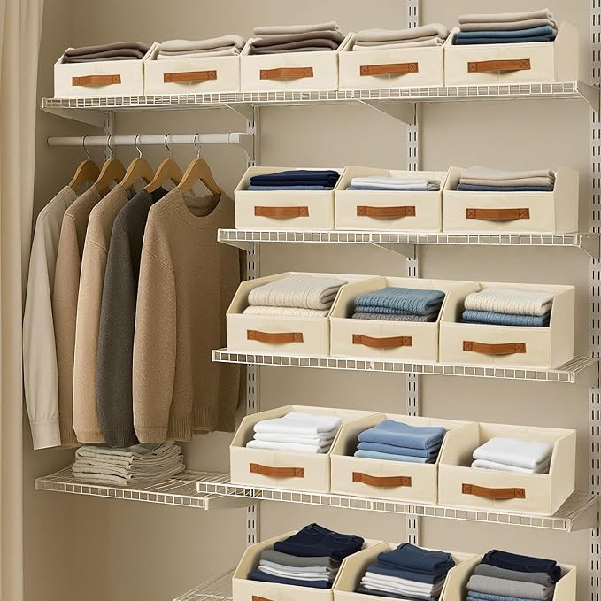 Fabric Storage Bins for Organizing - 12 Pack Large Trapezoid Collapsible Storage Bins with Front Handle, Closet Organizers and Storage for Bedroom, Home Shelves, Small Spaces, Beige