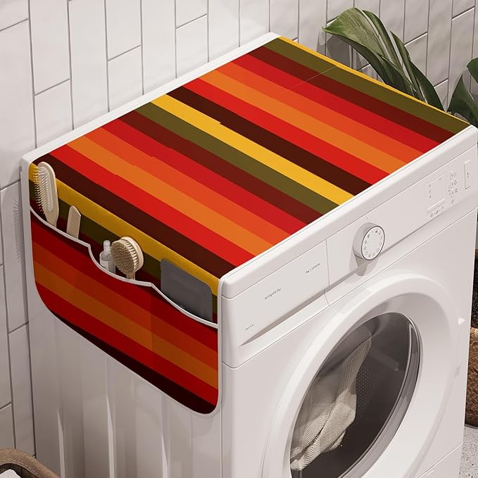 Ambesonne Abstract Washing Machine Organizer Pack of 2, Vertical Striped Color Bands Vibrant Tones Geometric Straight Lines Design, Anti-Slip Cover for Washers Dryers, 47" x 18.5", Red Green