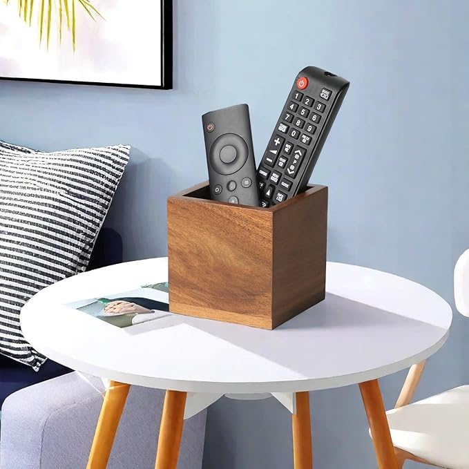 Remote Control Holder Caddy, Farmhouse Acacia Wood TV Remote Holder, Vintage Desk Caddy, Remote Organizer for Table (Brown - for 2 or 3 Remote Controls)