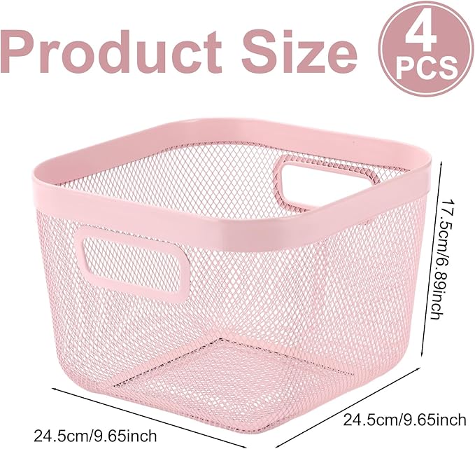 4 Pack Metal Mesh Basket with Hollow Handles Pink Wire Storage Bin for Organizing Stackable Metal Fine Mesh Basket for Pantry Bathroom Kitchen Cabinets Shelves (Medium)