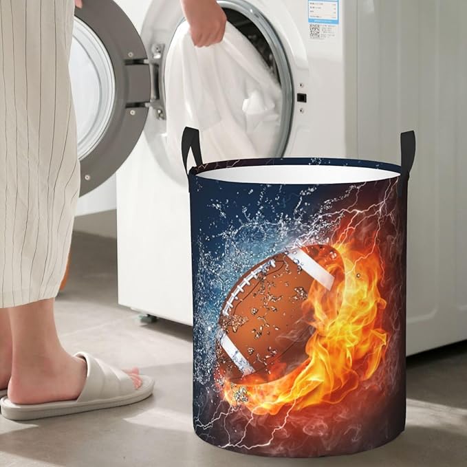 American Football Ball In Fire And Water Round Laundry Hamper Sport Rugby Storage Basket Toys Clothes Organizer Bin For Home Bathroom Bedroom Dorm Nursery, 62l