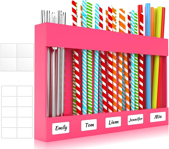 9.5” Large Acrylic Straw Holder for Cabinet Door with Detachable Ultra Sticky Adhesive Squares and Stickers, 2026 Reusable Straws Organizer Storage Dispenser for Kitchen Counter Cupboard