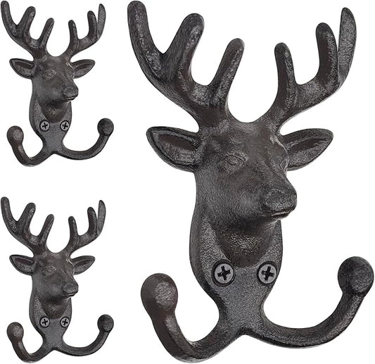 Rustic Deer Head Cast Iron Wall Hooks - Heavy Duty Decorative Coat Hooks Wall Mount for Hanging Key Hat Towel Leash, Vintage Animal Decor Hanger for Farmhouse Cabin Entryway Mudroom 3 Pack