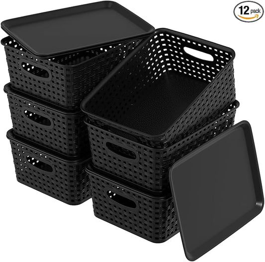 6 Pack Plastic Storage Baskets Bins with Lid, Stackable Lidded Storage Containers for Organizing, Black