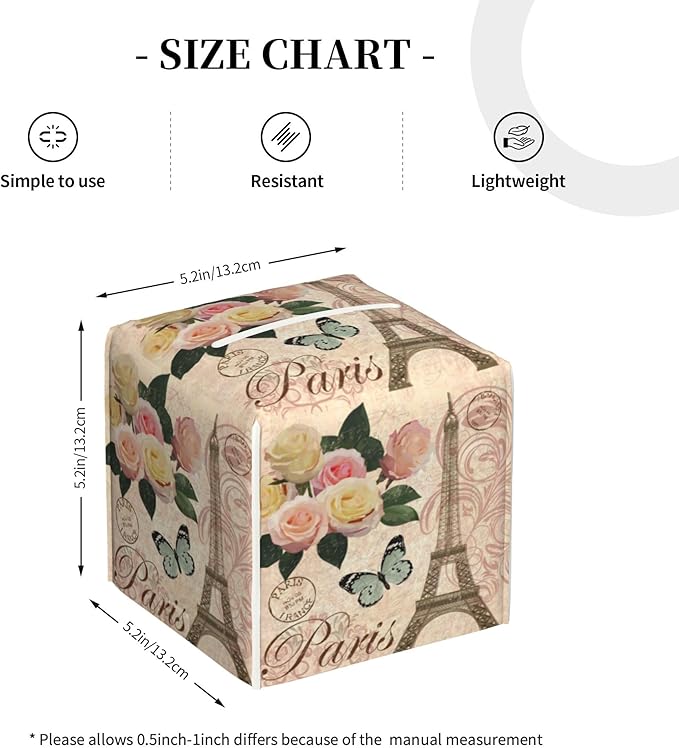 Vintage Paris with Rose Tissue Box Cover Leather Tissue Box Holder Square Facial Paper Organizer Dispenser for Bathroom Kitchen Bedroom Vanity Countertop Night Stands