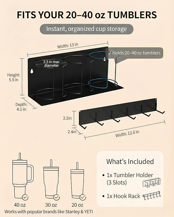 Magnetic Cup Holder for Fridge (2-Pack) – Compatible with Stanley Quencher H2.0 & Yeti 20–40oz Tumblers – Heavy-Duty 18LB Full-Magnet Drink Holder with Utility Hook Rack for Kitchen or Garage