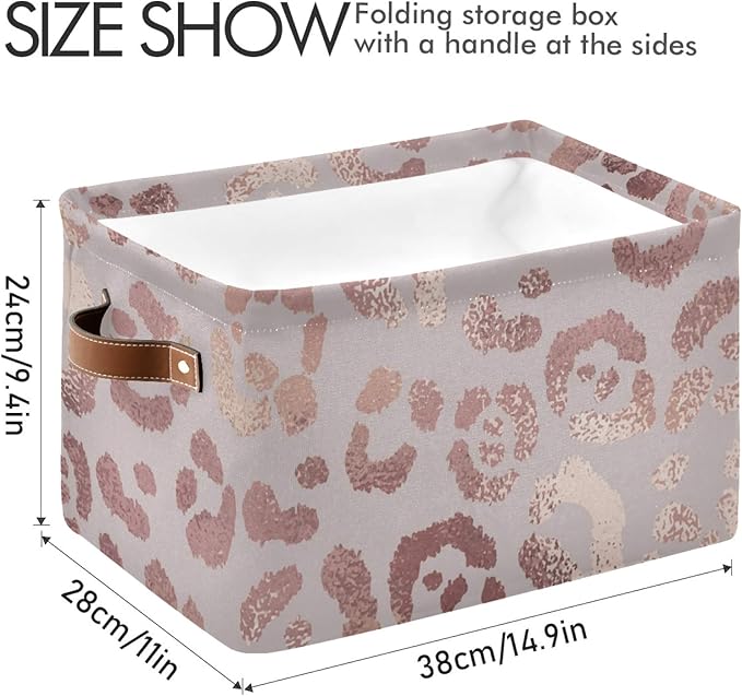 susiyo Large Foldable Storage Bin Leopard Skin Rose Gold Fabric Storage Baskets Collapsible Decorative Baskets Organizing Basket Bin with PU Handles for Shelves Home Closet Bedroom Living Room-2Pack