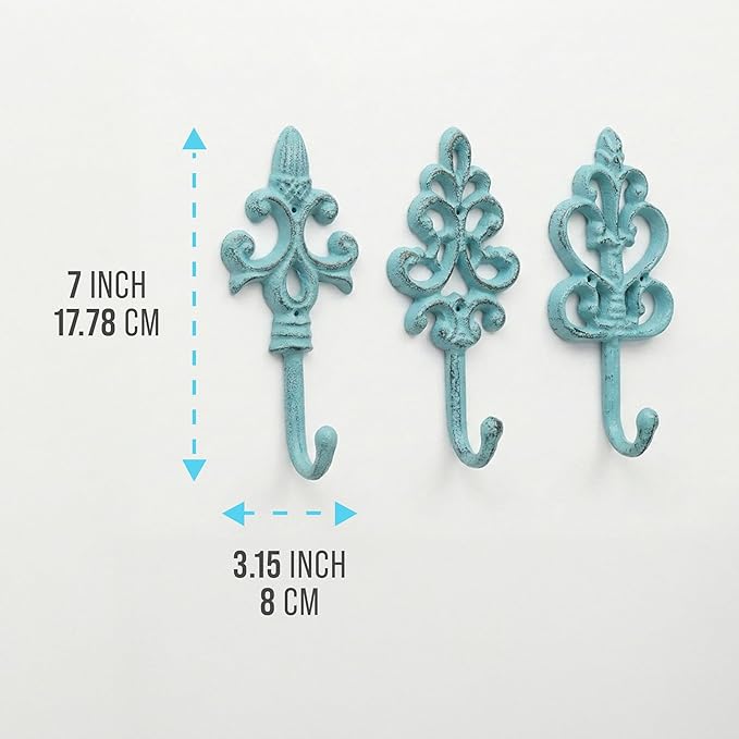 Comfify Shabby Chic Decorative Wall Hooks - Set of 3 - Cast Iron French Country Wall Decor - Farmhouse Hangers for Coats, Purses and More - Blue