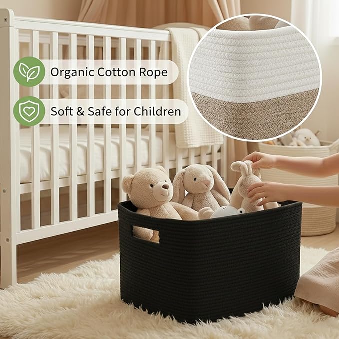 Woven Blanket Basket,65L Large Storage Bin for Blankets Toys Clothes,Decorative Rope Basket for Living Room Bedroom with Handles, Black