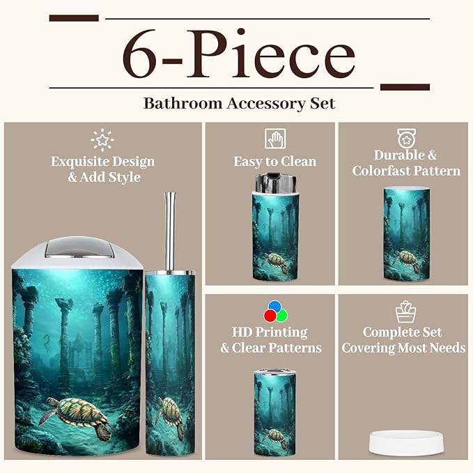 6 Piece Bathroom Accessories Set Bioluminescent Sea Turtle Underwater Surrealism Trash can Toilet Brush Holder Toothbrush Holder Toothbrush Cup Soap Dispenser Soap Dish for Home