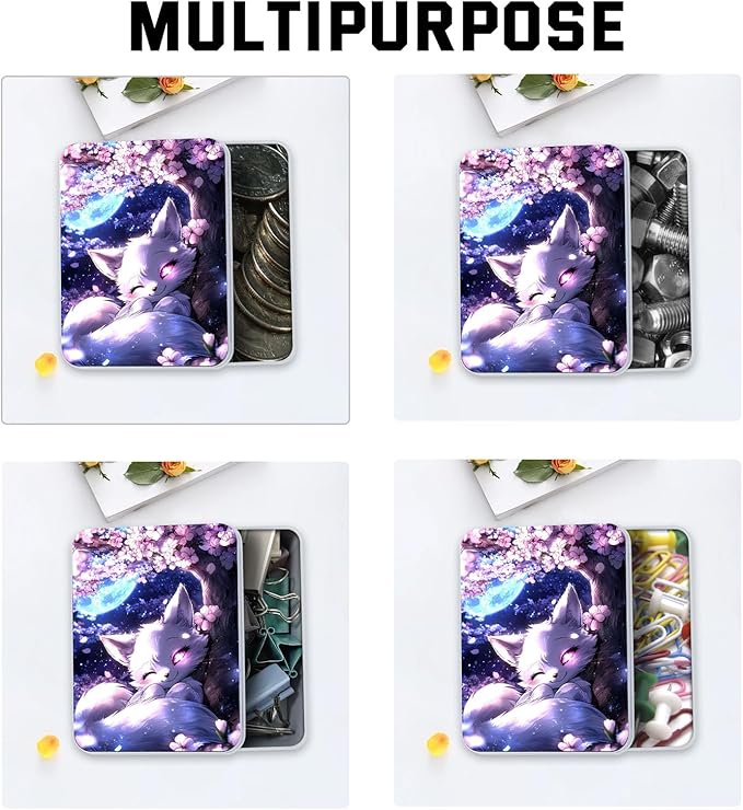 Metal Tin Box with Lid,Multi-functional Storage Large Box Can Store Tea Biscuits Game Cards, Playing & Tarot Cards-Comes with 4 Magnetic Cord Clips,White Fox Cherry Tree