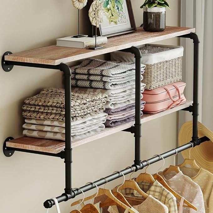 MAIKAILUN Industrial Pipe Clothes Rack with Wood Shelf, 52" Long Wall Mounted Clothing Rack with Hanging Rod for Laundry Room, Heavy Duty Pipe Shelves, Closet Storage, Retail Boutique Display