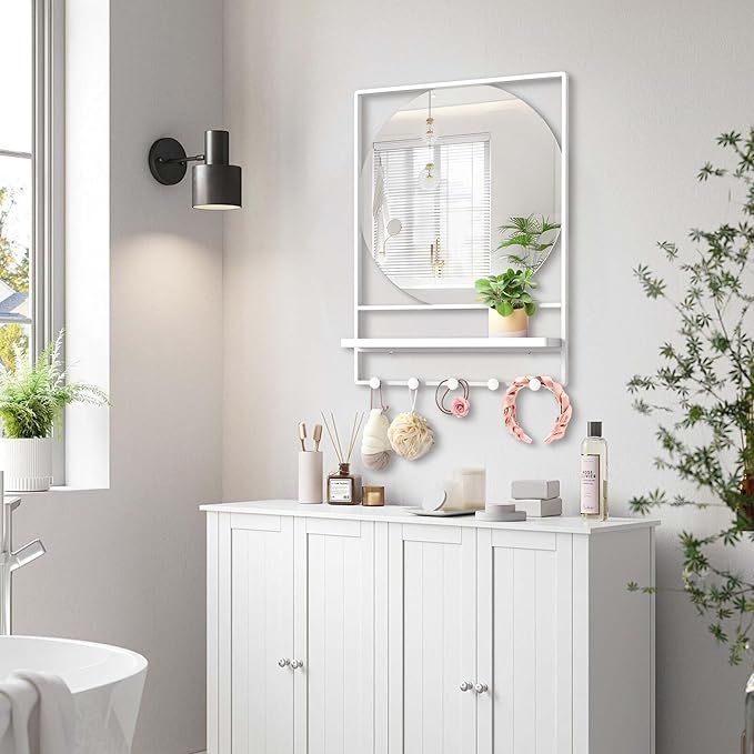 WONSTART 21" X 28" Wall Mirror with Shelf and Hooks,Entryway Mirror with Hooks, Metal Framed Bathroom Mirror with Shelf for Bathroom, Bedroom, Living Room (White, 21 x 28)