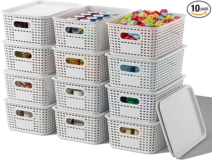Plastic Storage Basket with Lids 12 Pack Stackable Storage Bins Containers with Lid, Decorative Storage Boxes for Organizing Shelves, Drawers, Playroom, Classroom, Office, Closet, White