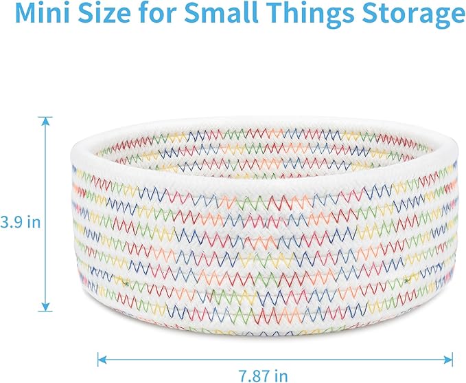 ABenkle Small Woven Basket, Empty Tiny Shallow Storage Basket, Mini Cotton Rope Baskets, Round Decorative Hamper, Basket Storage Bins for Toys, Spa, Socks, Nursery, Living Room