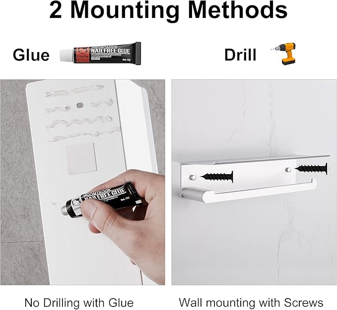 Paper Towel Holder Wall Mount for Kitchen, Self-Adhesive Paper Towel Holder with Shelf for Bathroom, Anti-Rust Aluminum, No Drill or Wall-Mounted with Screws (Silver)