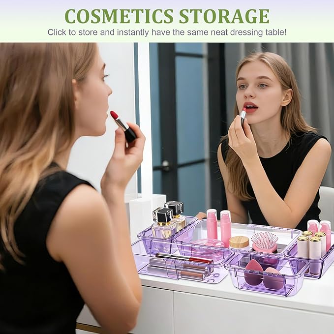 20 Pcs Adjustable Clear Drawer Organizer, All Extendable Vanity Storage Bins, Desk Drawer Organizer Set for Makeup, Cosmetics, Bedroom, and Gadgets, Purple