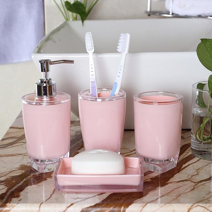 Bathroom Accessories Set of Acrylic Plastic soap Dispenser, Toothbrush Holder, Toothbrush Cup, soap Dish, Pink Bathroom Accessories 4pcs Set (Pink)