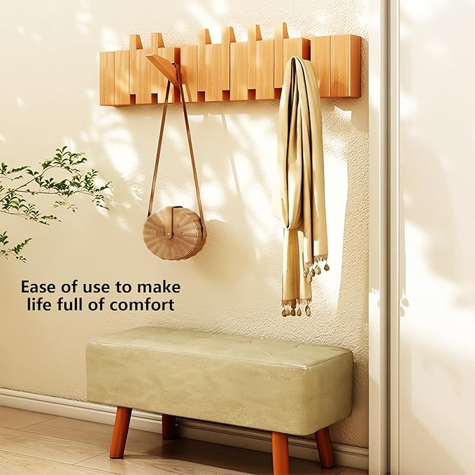 Wall Mounted Coat RackHooks Piano Key Hangers Natural Solid Wood Hanger Non-Woven Fabric Clothes Hangers for Closet, Kitchen, Bedroom, Bathroom, Entryway (Beech, 12 Hooks)