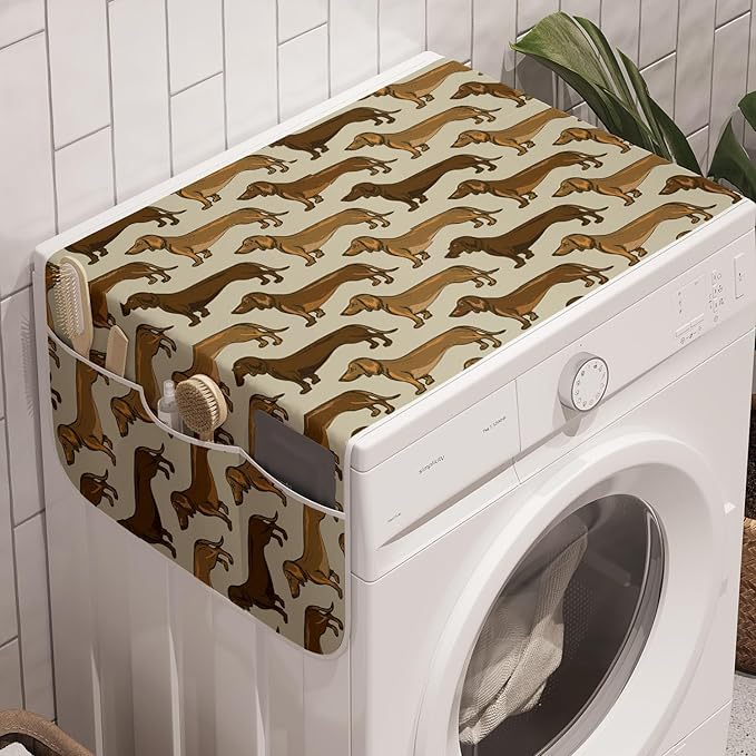Ambesonne Dachshund Washing Machine Organizer Pack of 2, Continuous Pattern Pet Sausage Dog Lover Print, Anti-Slip Cover for Washers Dryers, 47" x 18.5", Grey Yellow