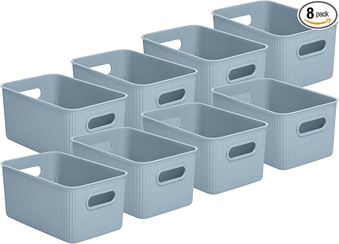 Superio Decorative Plastic Basket Open Home Storage Bins Organizer Baskets, Medium, Blue (8 Pack) Container Boxes for Organizing Closet Storage Bins for Shelves Drawer Shelf, 5 Liter
