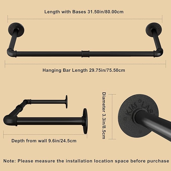 Wall Mounted Clothes Rack 31.5in, Industrial Pipe Wall Mount Clothing Rack, Heavy Duty Iron Garment Racks, Space Saver Multi-purpose Hanging Rod for Laundry Room, Closet Storage, 1 Pack
