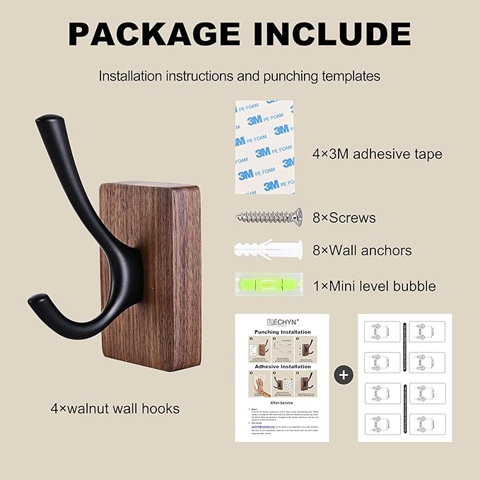 4 Pack Walnut Wood Wall Coat Hooks for Hanging, Adhesive Mounted & Wall Mount Heavy Duty Decorative Wooden Double Hook hanger for Towel Backpack Hat Jacket Clothes Blanket Purse Closet Robe Key