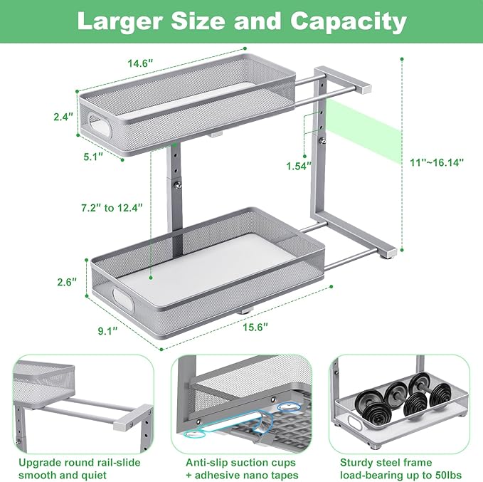 Under Sink Organizer, Height Adjustable 2 Tier Under Sink Organizers and Storage, Slide Out Metal Cabinet Organizers, Pull Out Sink Storage Drawer Shelf for Kitchen Bathroom Cabinet, Grey, 2 Pack