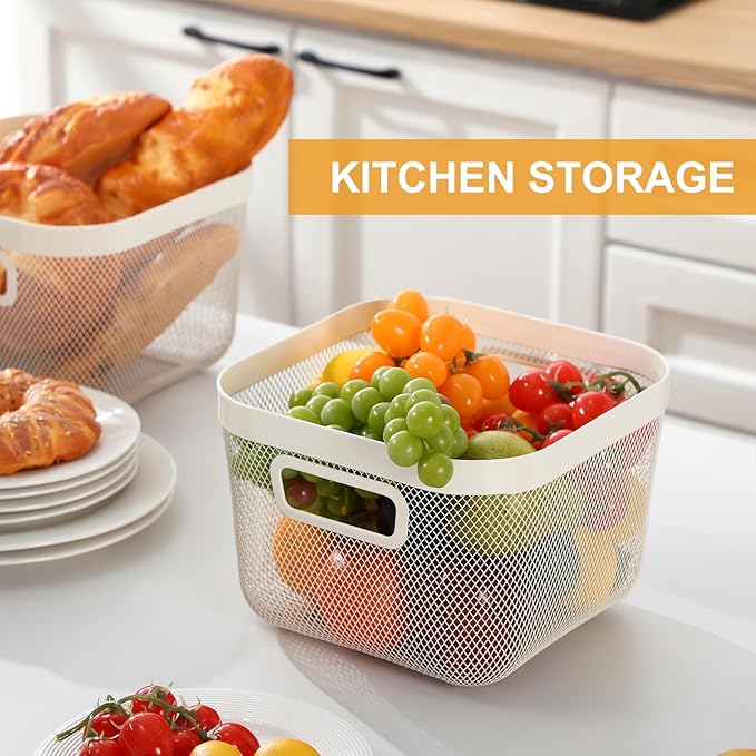 6 Pack Metal Mesh Basket with Hollow Handles White Wire Storage Bin for Organizing Stackable Metal Fine Mesh Basket for Pantry Bathroom Kitchen Cabinets Shelves (Medium)