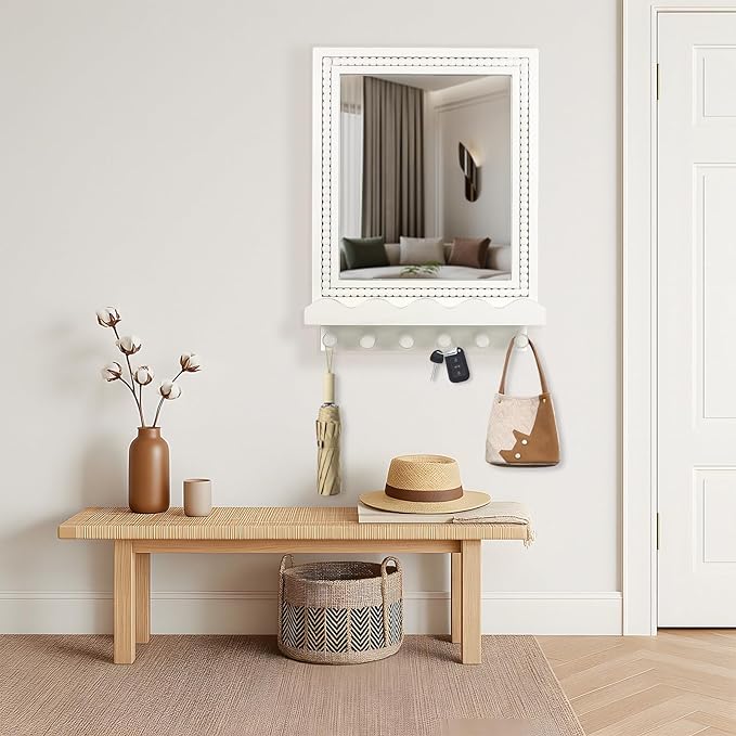 Tirzah 16x12 Inch Wall Mount Beaded Wood Framed Mirror with Shelf and 6 Hooks, White Decorative Entryway Mirror with Storage for Laundry Room, Bathroom, Bedroom