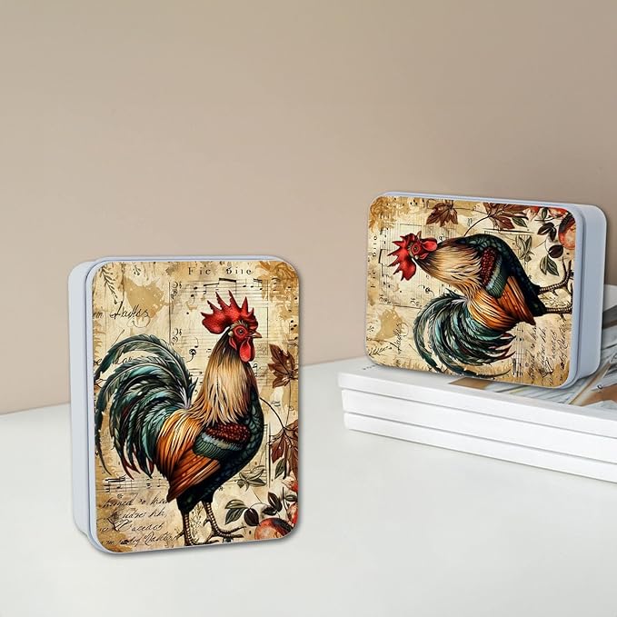 Metal Tin Box with Lid,Multi-functional Storage Box Can Store Tea Biscuits Game Cards, Playing & Tarot Cards-Comes with 4 Magnetic Cord Clips,Vintage Rooster Art
